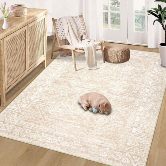 New 4x6 Beige Moroccan Area Rug, Washable Non-Slip Carpet for Entry & Room Decor - Picture 2 of 9